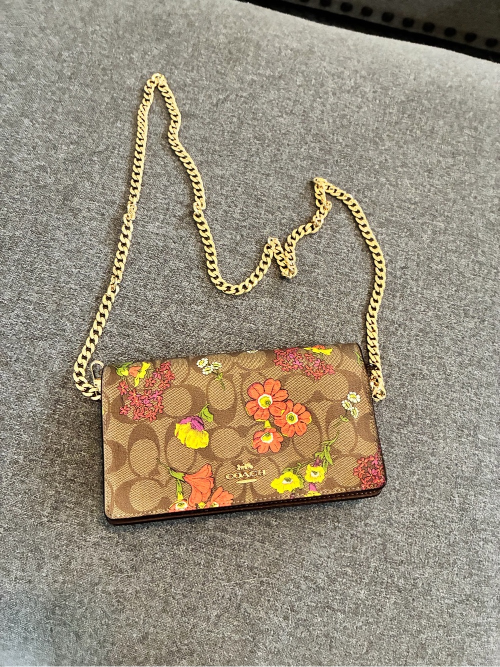 Coach Brown Signature Floral Chain Wallet Crossbody - Brown/Gold